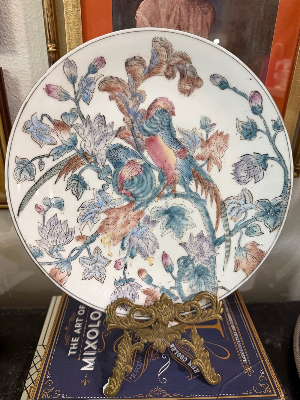Decorative Oriental Chinoiserie Floral Parrot Porcelain Plate - Multi-Color